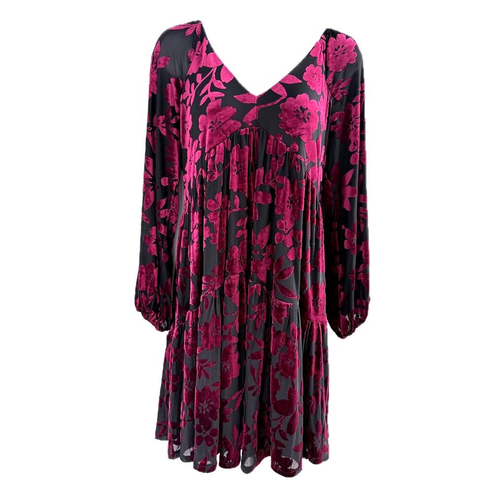 VELVET Burnout Black Babydoll Dress Red Floral V-Neck Whimsigoth Dark Fairy Sz 4